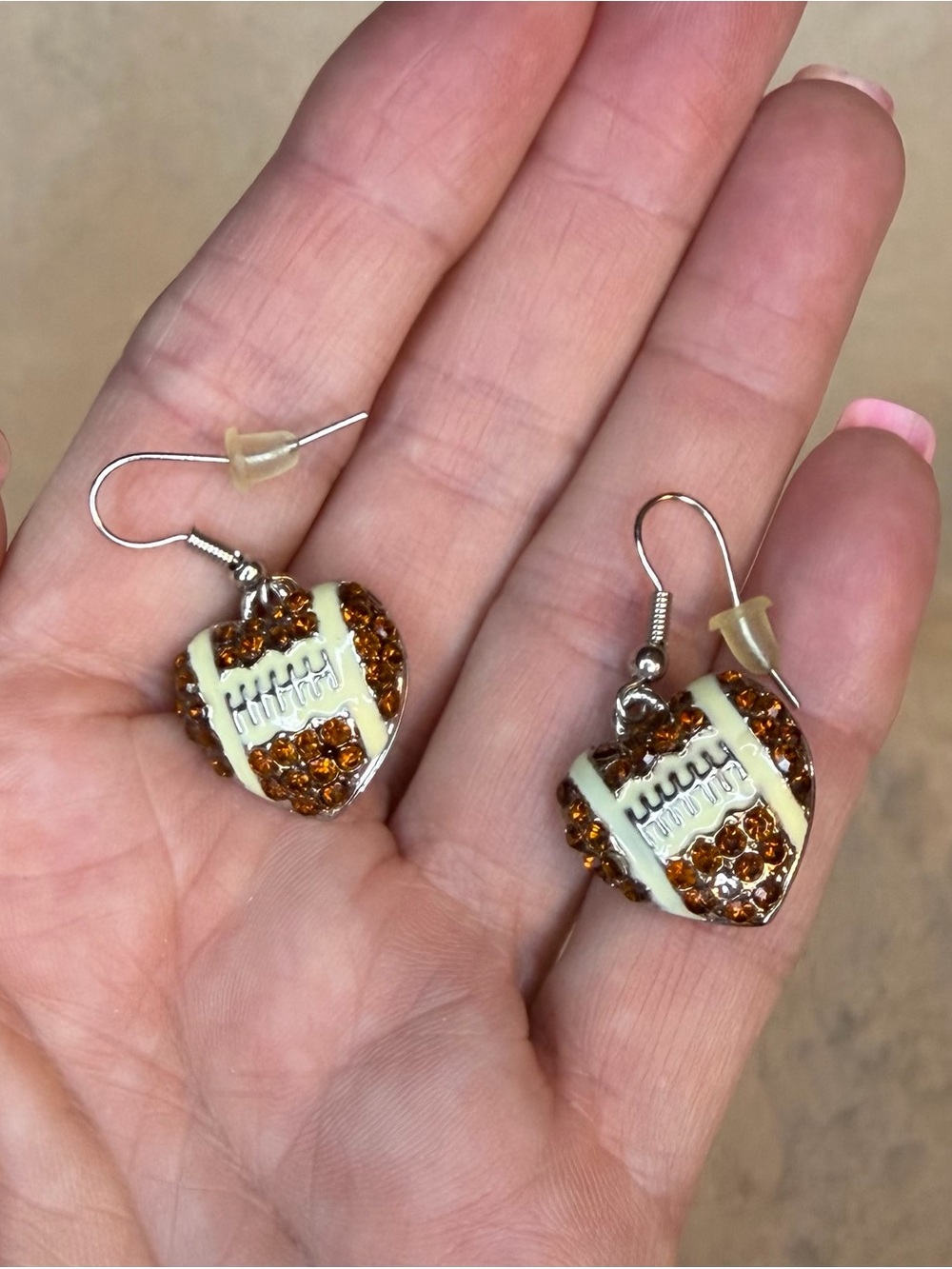 Crystal Football Heart Drop Earrings in Brown and Cream